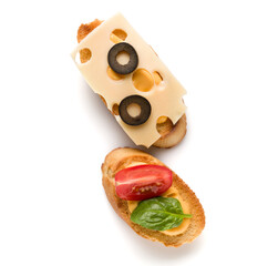 Open faced sandwich canape or crostini isolated on white background closeup. Top view. Vegetarian tartarine.