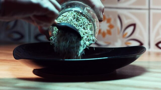Man hands put the alfalfa and broccoli sprouts on plate.