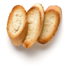 Toasted baguette slices isolated on white background close up.  Toast, crouton.   Top view.