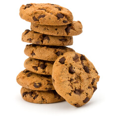 Stacked Chocolate chip cookies isolated on white background. Sweet biscuits. Homemade pastry.