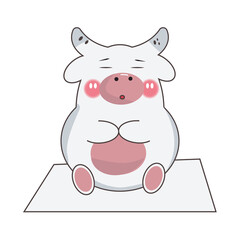 zen bull in the style of kawai, lotus pose, yoga pacification, cow with closed eyes sitting on the mat