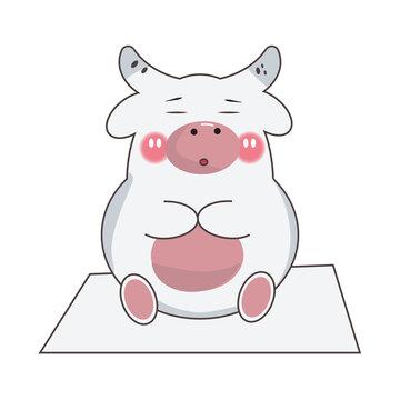 zen bull in the style of kawai, lotus pose, yoga pacification, cow with closed eyes sitting on the mat