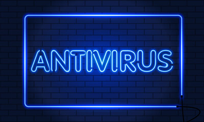 Neon sign antivirus in a frame on brick wall background. Blue. Vector