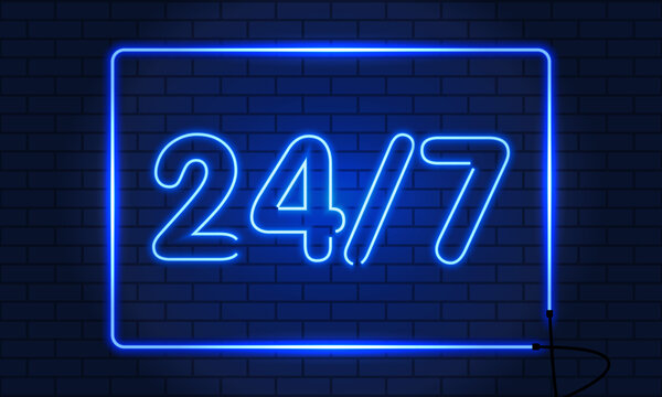 Open 24 to 7 Hours Neon Light on Brick Wall. Vector Illustration. 24 Hours Night Club. Bar Neon Sign. Blue. Vector
