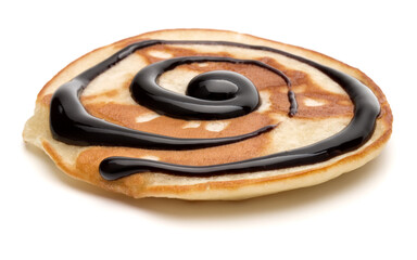 One pancake with chocolate syrup isolated on white background cutout.
