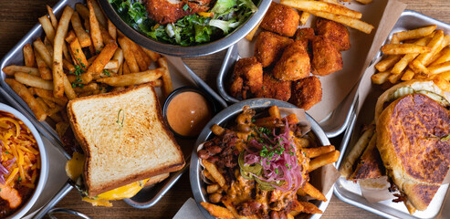 top-down photo of fries, sandwiches and chicken nuggets