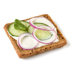 Open faced sandwich crostini isolated on white background closeup. Vegetarian canape with cucumber. Appetizer tartarine.