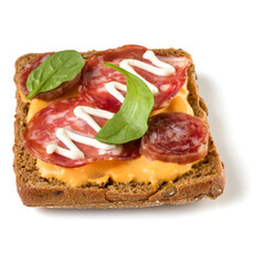 Canape with salami. Open faced sandwich crostini isolated on white background closeup. Appetizer tartarine.
