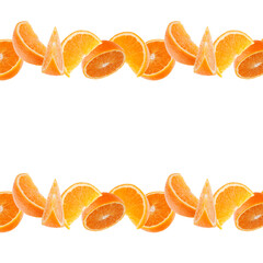 Orange fruit border. Orange segments isolated on white background. Food frame.