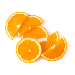 Orange fruit slice  isolated on white background closeup. Food background. Flat lay, top view.