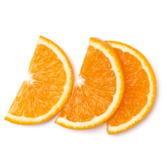 Orange fruit slice  isolated on white background closeup. Food background. Flat lay, top view.