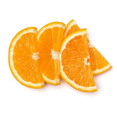 Orange fruit slice  isolated on white background closeup. Food background. Flat lay, top view.