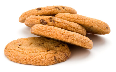 Chocolate chip cookies isolated on white background. Sweet biscuits. Homemade pastry.