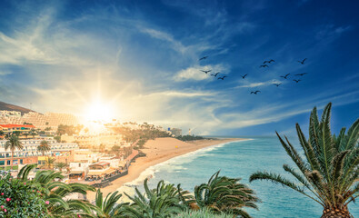 view of Morro jable beach in Fuerteventura at sunset - canary islands - spain