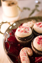 Christmas Holiday Chocolate Cupcakes with Sprinkles and Candy Cane Cookies with Sprinkles