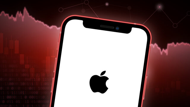Apple stock market vector illustration, with iPhone splash screen. Bearish red.