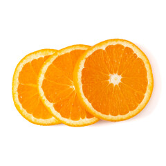 Orange fruit slice  isolated on white background closeup. Food background. Flat lay, top view.