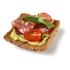 Canape with salami. Open faced sandwich crostini isolated on white background closeup. Appetizer tartarine.