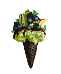 digital illustration ice cream with green fruits and berries