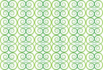 Green patterned wallpaper from spirals pattern on a white background. Regular decorative swirls shapes in vector format and jpg.