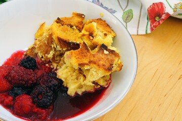Dish of challah bread pudding