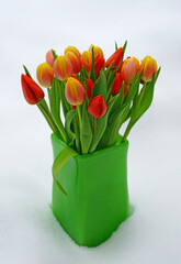 A vase of yellow and orange tulip flowers in the snow in winter