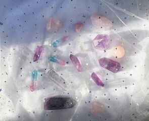 Naklejka premium Background Healing minerals, stones, crystals. the practice of magic spells and cleansing. Crystal Ritual, Witchcraft