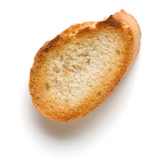 Toasted baguette slice isolated on white background close up.  Toast, crouton.   Top view.