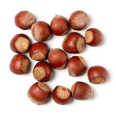 Hazelnuts isolated on white background closeup. Food concept. Top view, flat lay.