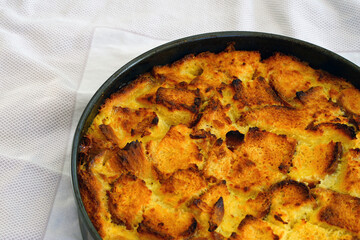 Dish of challah bread pudding