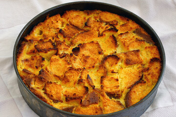 Dish of challah bread pudding