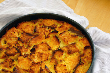 Dish of challah bread pudding