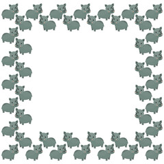 Square frame of cartoon adorable gray baby rhinos with ruddy cheeks and a smile standing on a white background. For nursery design, card, texture, baby shower invitation. Vector.