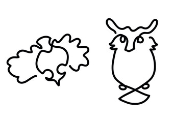 One line drawing of owl.
One continuous line drawing of flying owl and sitting owl.