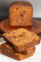 Detailed closeup of a classic date loaf, bread background.