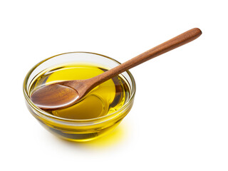 Olive oil and wooden spoon on a white background