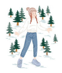 Freehand digital illustration of a girl in the snow field.