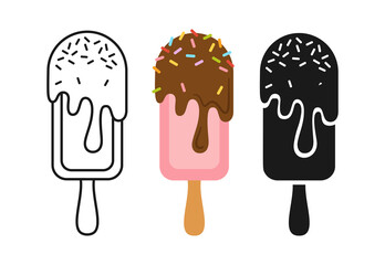 Ice Cream lolly with chocolate cartoon set line icon and black glyph style. Comic strawberry dessert on stick with topping. Kawaii bright summer collection sweet food. Isolated vector illustration