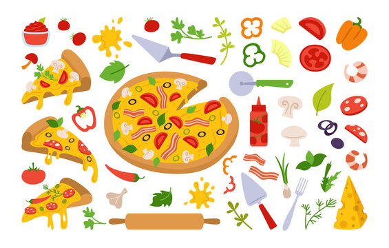 Pizza pieces and ingredients cartoon set. Italian hand drawn pizzas with greens, pepper, tomato, olive, cheese, mushroom. Margarita and hawaiian, pepperoni or seafood, mexican. Pizza vector collection