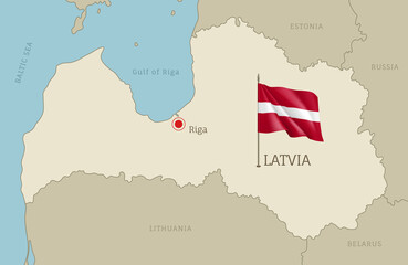 Latvia highly detailed map with territory borders, European country political map with Riga capital city and waving national flag vector illustration