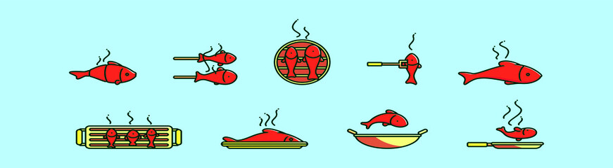 set of fish fry cartoon icon design template with various models. vector illustration isolated on blue background