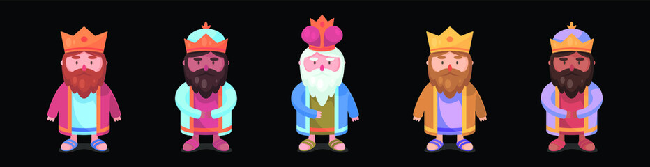 set of king epiphany holiday cartoon icon design template with various models. vector illustration isolated on black background