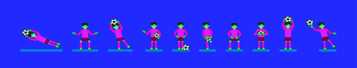 set of goal keeper cartoon icon design template with various models. vector illustration isolated on blue background