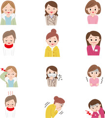 冬の女性元気＆体調不良上半身ポーズ色々セット