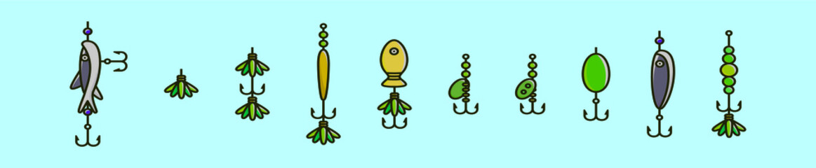 set of fishing lure cartoon icon design template with various models. vector illustration isolated on blue background