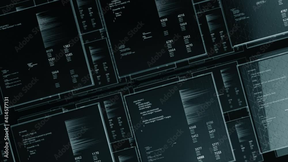 Poster blocks of program code flying in virtual space on square shaped screens. animation. concept of artif