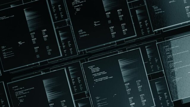 Blocks of program code flying in virtual space on square shaped screens. Animation. Concept of artificial intelligence.