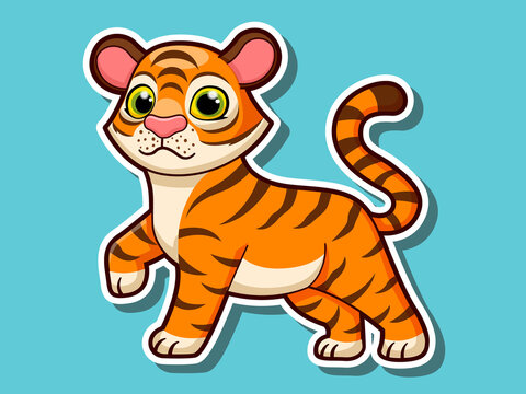 Cute cartoon tiger sticker mascot animal character. Vector art illustration
