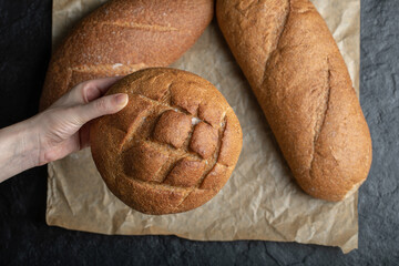 Different loaves bread. Woman holding with hand