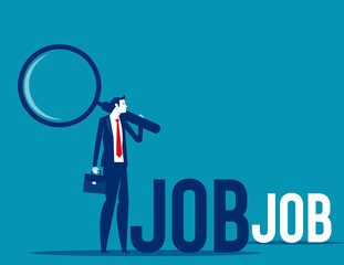 Unemployed holds magnifying glass. Office worker looking for job